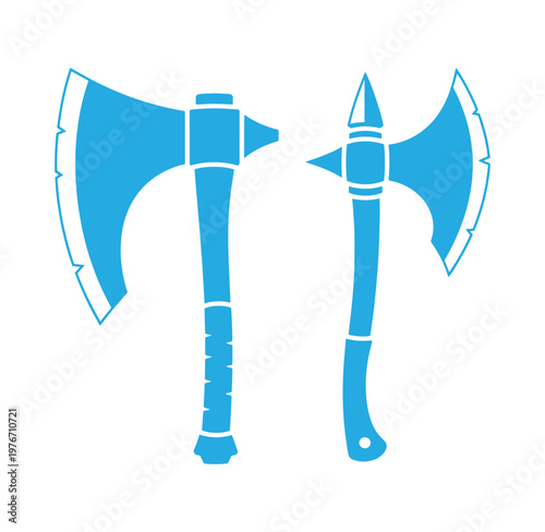 blue illustrations of two battle axes with handles on white background