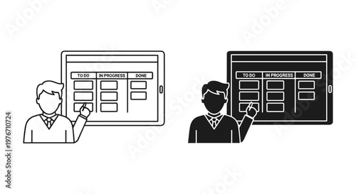 Agile project management kanban board on tablet, scrum master managing workflow tasks, productivity software interface vector icons