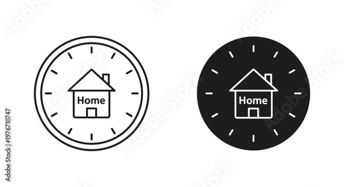Minimalist house clock icon set, home time management symbol in line and solid styles, residential real estate schedule vector illustration