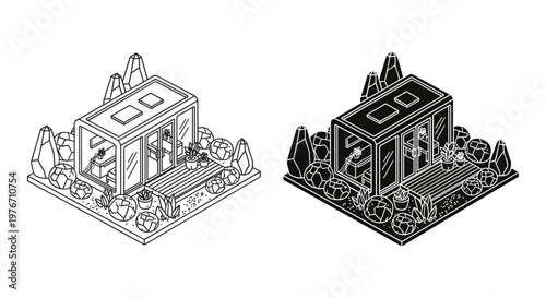 Isometric modern tiny house vector set, minimalist container home with garden landscape, black and white line art architectural dwelling icons