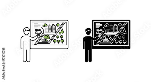 Urban planning icon set, city development presentation with architect pointing at map, sustainable smart city infrastructure vector illustration