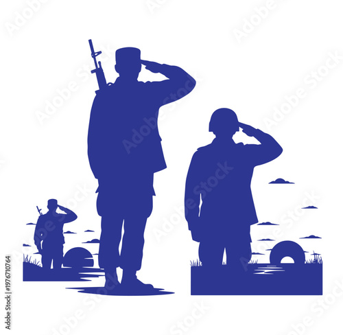 Blue silhouettes of soldiers saluting with rifles and helmets in a landscape
