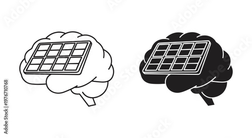 Solar panel brain icon set, sustainable thinking and green energy intelligence concept, renewable power mind vector illustration in black and white