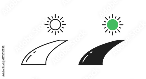 Minimalist shark fin icons with sun, black outline and solid silhouette vector set, ocean predator warning symbols for beach safety signage