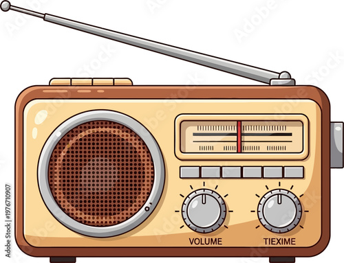 A classic vintage portable radio with an extendable antenna, speaker, tuning dial, and control knobs on a beige and brown casing.