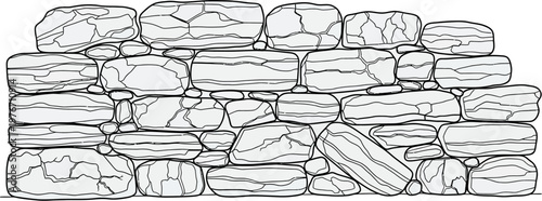 Detailed line art illustration of a rustic dry stone wall with irregularly shaped rocks and natural textures.