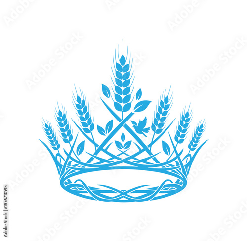 Blue wheat crown with leaves and a bird silhouette on transparent background