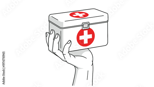 Human hand holding a compact white first aid kit box with cross symbols, representing emergency medical care, health, and safety assistance.