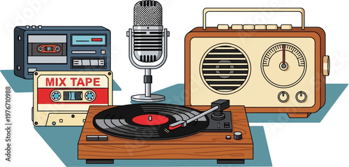 A collection of vintage audio equipment including a cassette player, mixtape, microphone, turntable, and retro radio, showcasing classic sound technology.