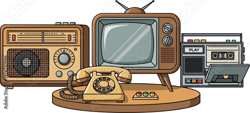 A collection of vintage electronic devices including a radio, television, telephone, and cassette player on a wooden surface.
