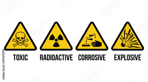 Warning signs for toxic radioactive corrosive and explosive hazards with clear symbols.