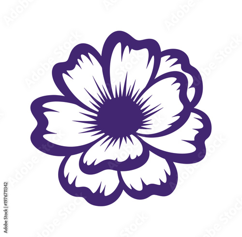Purple flower graphic illustration with white petals and dark center isolated on white background