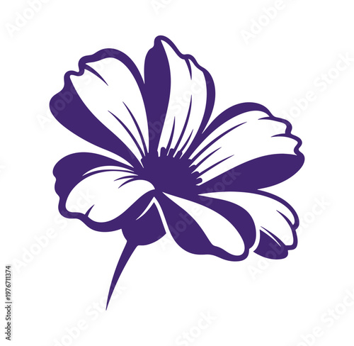 Purple flower illustration with white interior and stem on white background