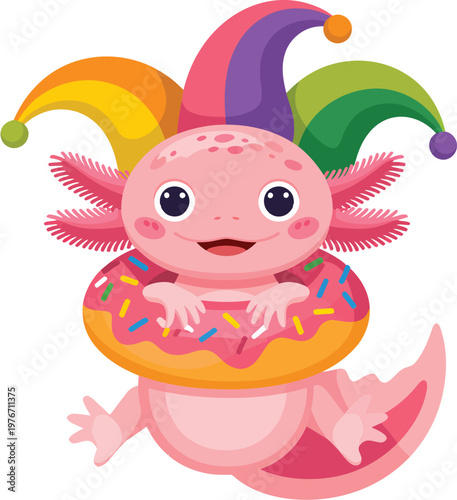 Cute cartoon axolotl wearing a colorful jester hat and holding a pink frosted donut
