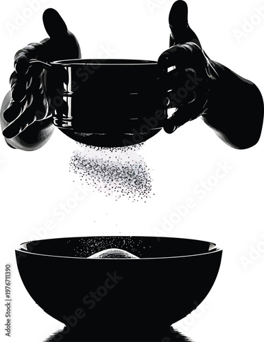 Hands Pouring Black Powder into Bowl on White Background