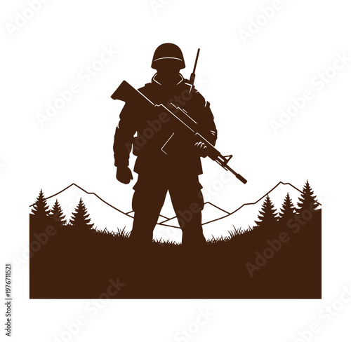 Silhouette of a soldier standing with a rifle in a mountainous landscape with trees
