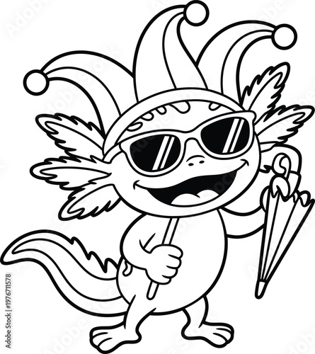 Cute cartoon axolotl wearing a jester hat and sunglasses holding an umbrella