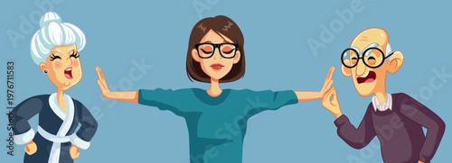 Woman Mediates a Conflict Between Her Elderly Parents Vector Illustration. Married old couple fighting being re conciliated by a mediator 