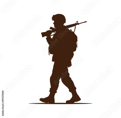Silhouette of a soldier walking with a rifle on shoulder and binoculars in hand
