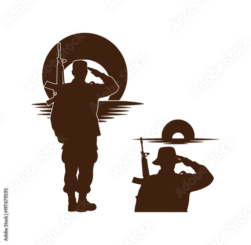 silhouette of soldiers saluting with guns in front of sun and moon  military salute