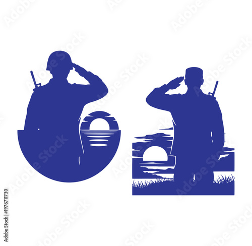 silhouette of two soldiers saluting in front of a sunset  military personnel