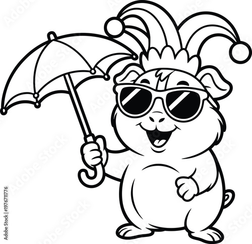Cute cartoon guinea pig wearing sunglasses and a jester hat holding an umbrella