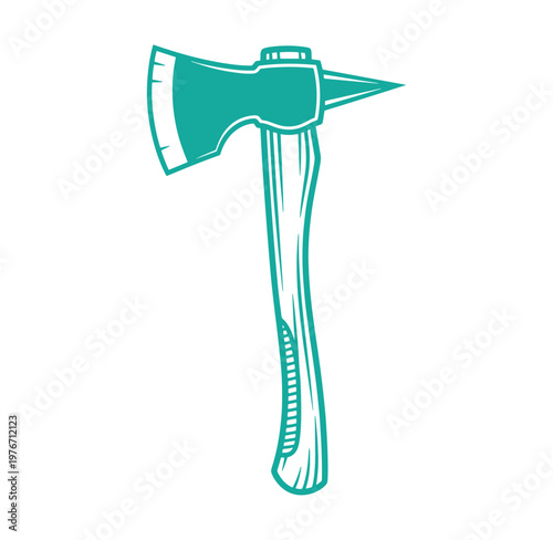 Teal colored axe with wooden handle on white background