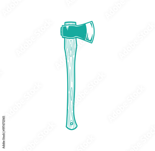 Teal colored axe with wooden handle on white background