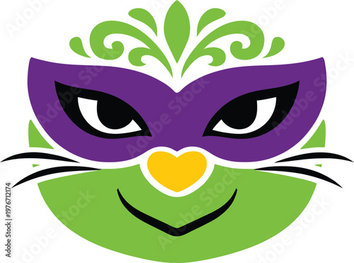 Vector illustration of a cute green cat face wearing a purple masquerade mask and a decorative crown
