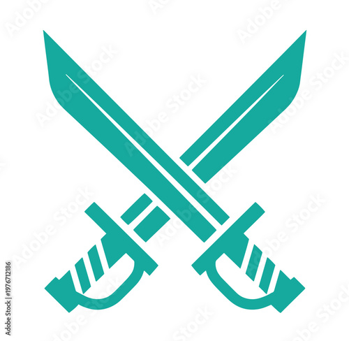 Teal crossed swords icon with hilt and blade details in flat design style
