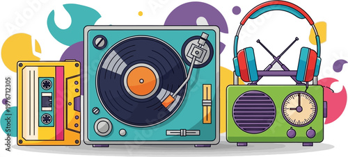 A vibrant illustration showcasing retro music technology including a cassette tape, a turquoise turntable with a vinyl record, and a green radio with red and blue headphones.