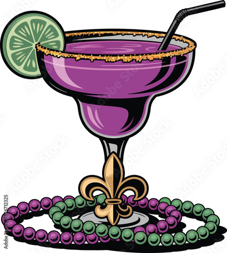 Mardi gras cocktail drink with purple liquid, lime garnish, gold sugar rim, fleur de lis stem, and purple and green beads