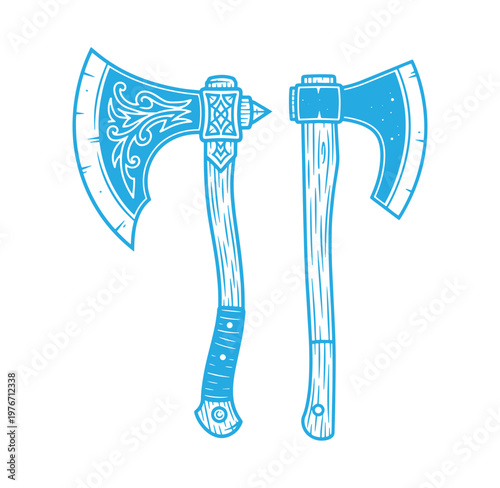 Two blue line art illustrations of axes with wooden handles