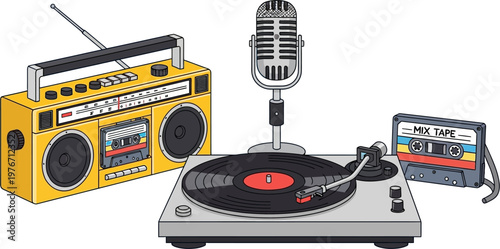 A collection of retro music and audio equipment including a yellow boombox, a turntable with a vinyl record, a vintage microphone, and a cassette tape.