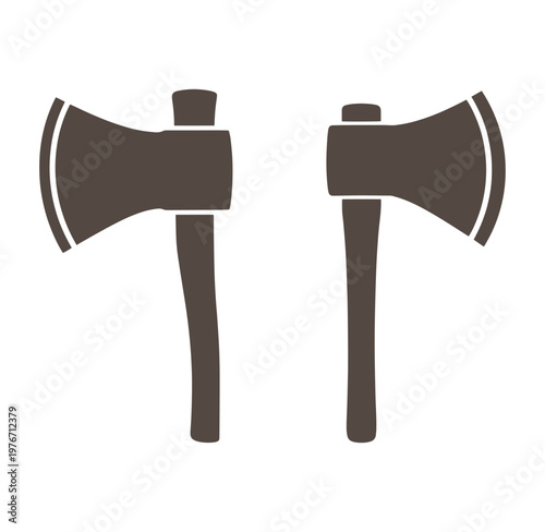 Two brown axes with handles on white background for cutting wood  lumberjack tools
