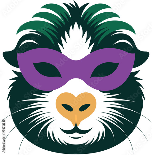 Vector illustration of a cute guinea pig wearing a purple masquerade mask, mardi gras themed animal character