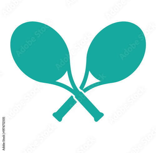 Two green ping pong paddles crossed over each other on white background