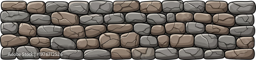 Seamless texture of a rustic stone wall with irregular grey and brown rocks, ideal for game backgrounds or architectural designs.