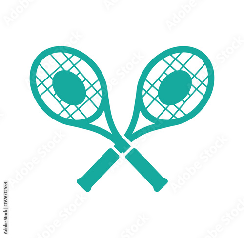 Two teal tennis rackets crossed over each other with white background