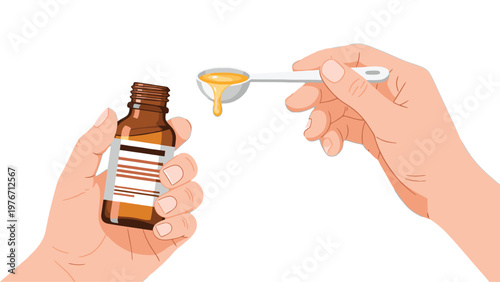 Close-up of Hands Holding a Small Brown Medicine Bottle and a Spoon with Golden Liquid Syrup Dripping, Illustrating Precise Dosage for Health Treatment.