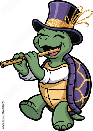 Cartoon turtle playing the flute wearing a fancy top hat