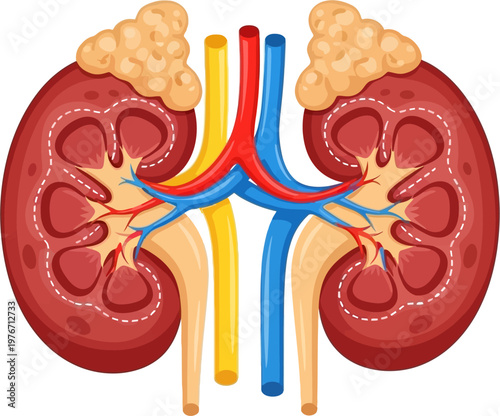 Detailed illustration of human kidneys with adrenal glands and major blood vessels.