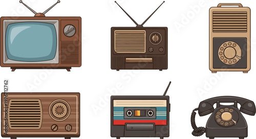 Collection of vintage electronic devices including a television, radios, a cassette player, and a rotary telephone, showcasing retro technology.