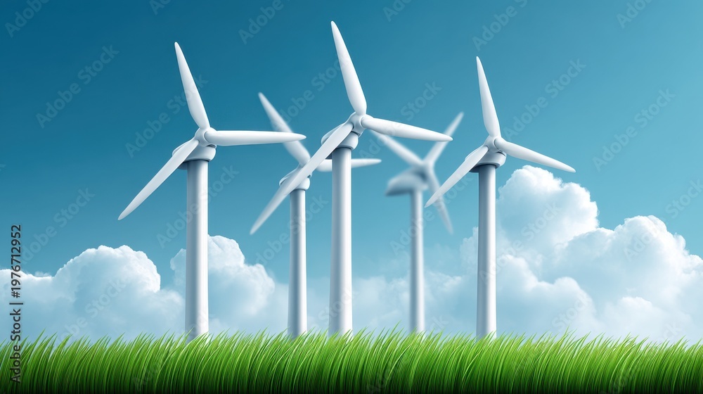 Fototapeta premium Wind Turbines Generating Clean Energy Against a Bright Blue Sky with Green Grass and Fluffy White Clouds in the Background