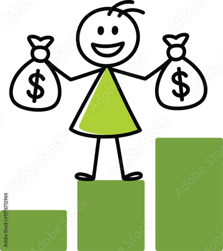 Happy stick figure girl standing on a growth bar chart holding two money bags with dollar signs
