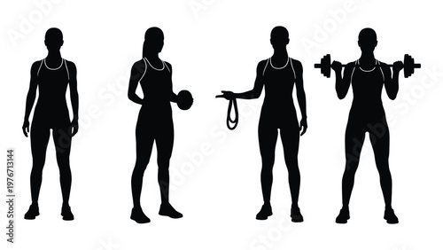 Silhouette series depicting a woman performing different weightlifting exercises high quality