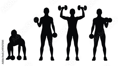 Silhouette series depicting various weightlifting and exercise poses high quality professional