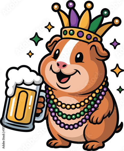 Cute cartoon guinea pig wearing a mardi gras crown and beads holding a beer mug