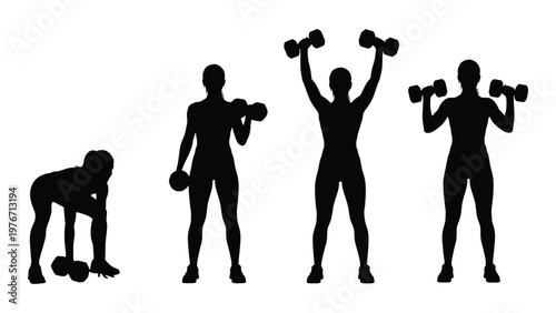 Silhouettes of people performing various dumbbell exercises against a white background