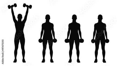 Silhouette series depicting a person lifting dumbbells in various exercise positions